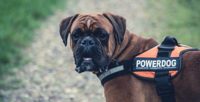 brown boxer dog with orange black powerdog vest