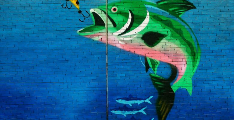 green fish about to eat the fish hook wall art