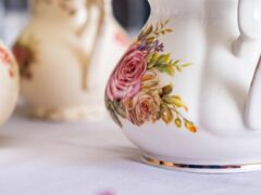 floral tea set on elegant tablecloth