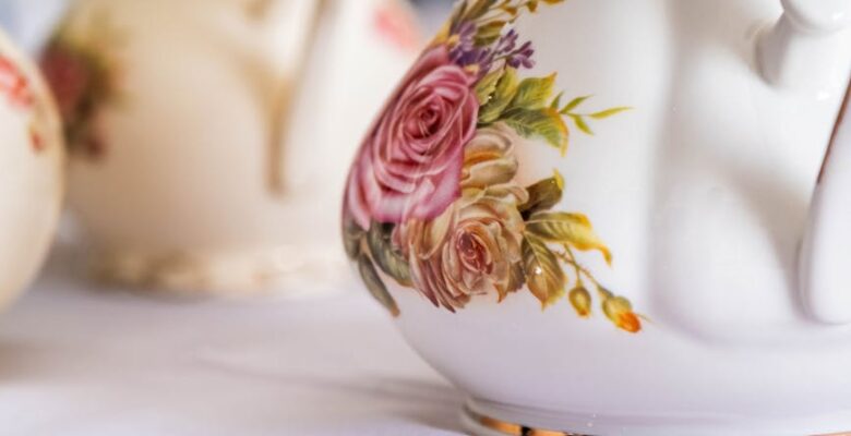 floral tea set on elegant tablecloth
